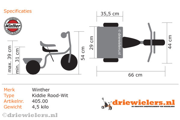 Specificaties van de Winther driewieler.