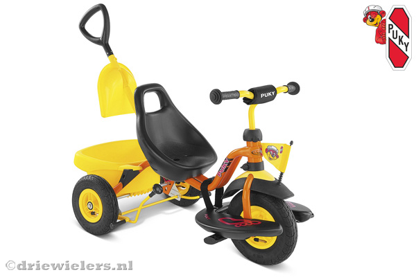 Puky driewieler oranje met duwstang.